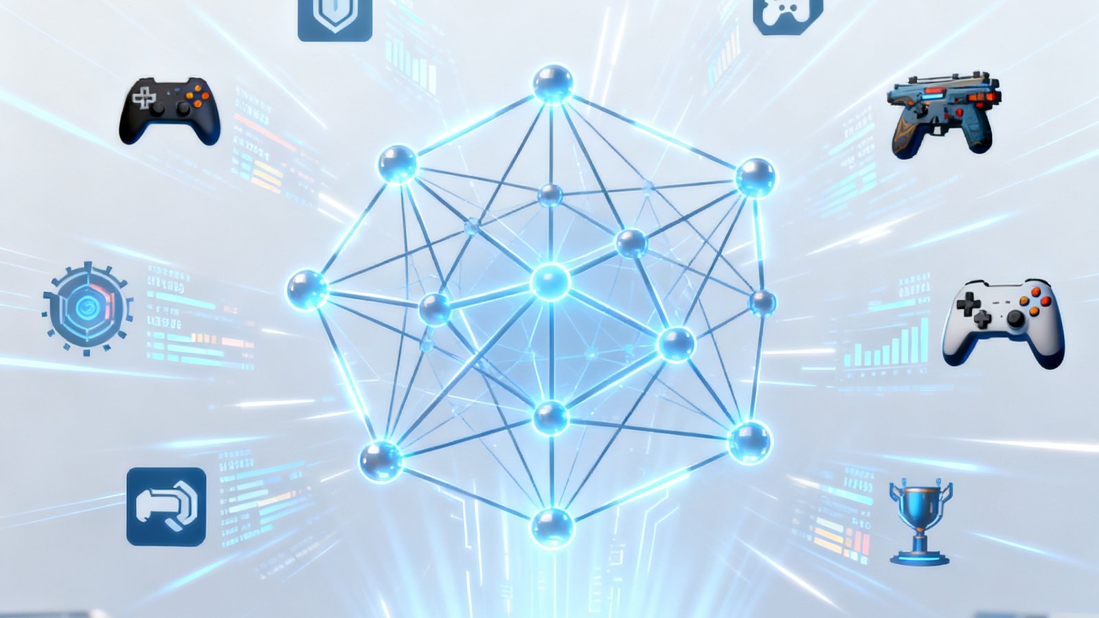 天枢AI引擎第四代升级公告的配图，画面中心是一个发光的神经网络结构图，周围环绕着游戏相关的数据图标，科技感十足。