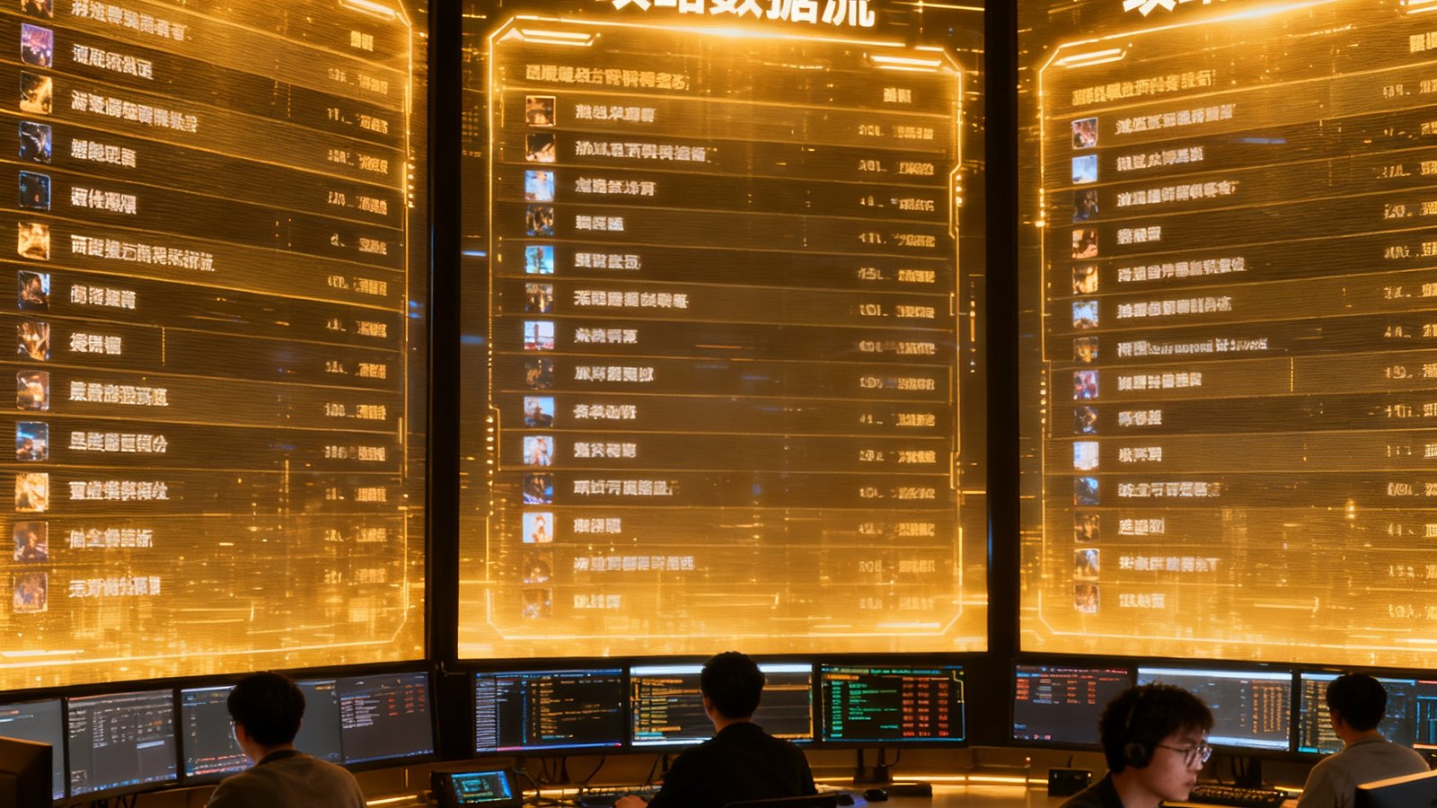 AYX数据指挥中心全景画面，三面环绕的高清液晶屏幕上实时滚动着游戏榜单排名与攻略数据流，暖金色环境光映照在操作台面上，多名数据分析师正在专注工作，整体氛围充满科技感与专业度。