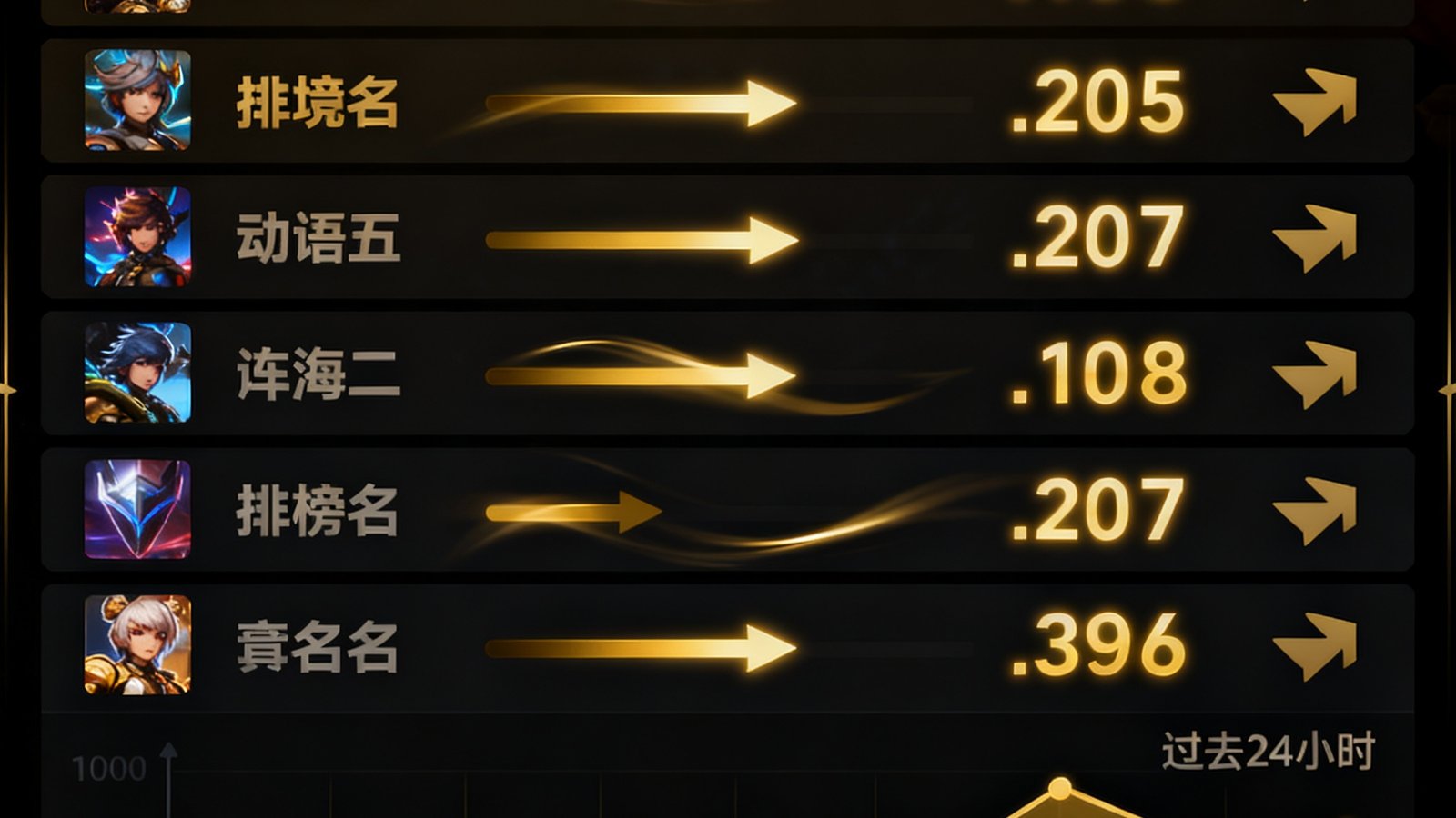 AYX实时榜单数据可视化界面，动态排行榜以深色主题呈现，各游戏项目的排名数据以金色数字跳动更新，旁边配有趋势箭头图标，底部展示着过去24小时的排名变化曲线图。