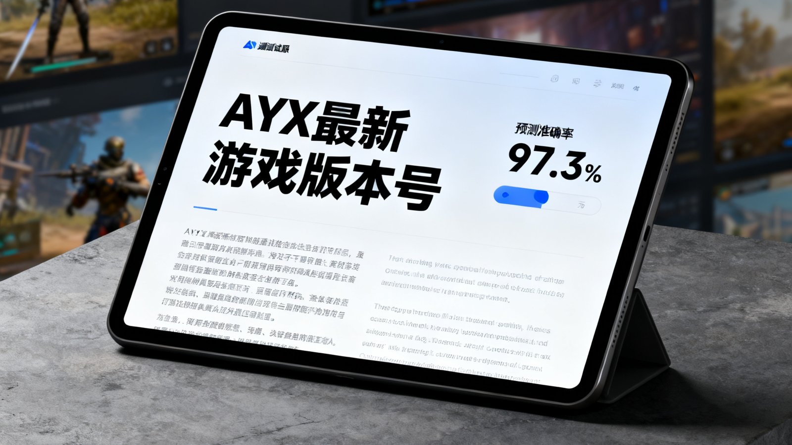 AYX版本前瞻报告封面设计，一份精心排版的PDF风格文档在平板电脑上展示，标题醒目地写着最新游戏版本号，旁边标注着预测准确率97.3%的数据标签，背景是游戏测试服的模糊截图。
